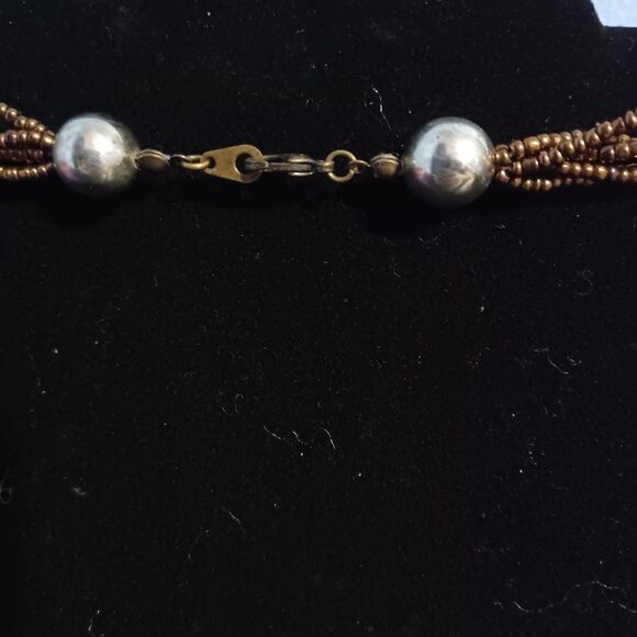 Vintage Multi-Stranded Brown, Gold, Yellow, Teal Beaded Necklace, 32" - Picture 2 of 3